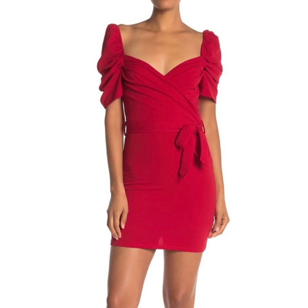 Max +Ash Mini Dress Wrap Surplice Puffy Short Sleeve Dress red S
